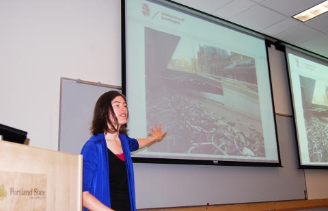 Eva Heinen of the University of Groningen, The Netherlands, talks about bicycle parkign at Dutch train stations. Groningen visited OTREC for a special seminar on bicyles and multimodalism in The Netherlands June 18.