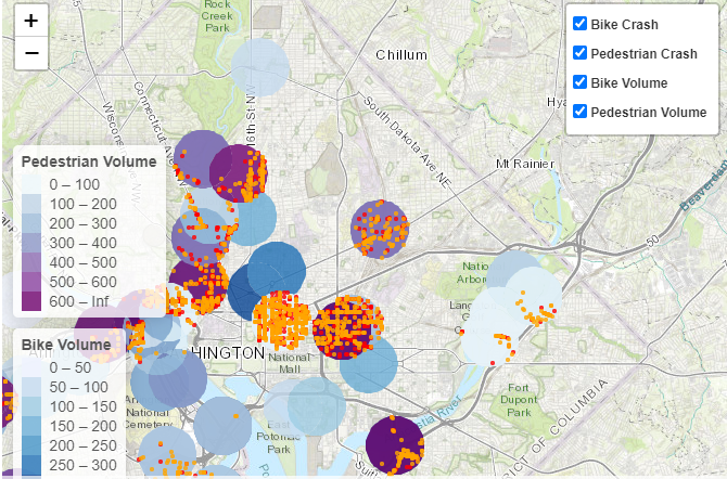 Screenshot showing a map with pedestrian and bike volume and crash data