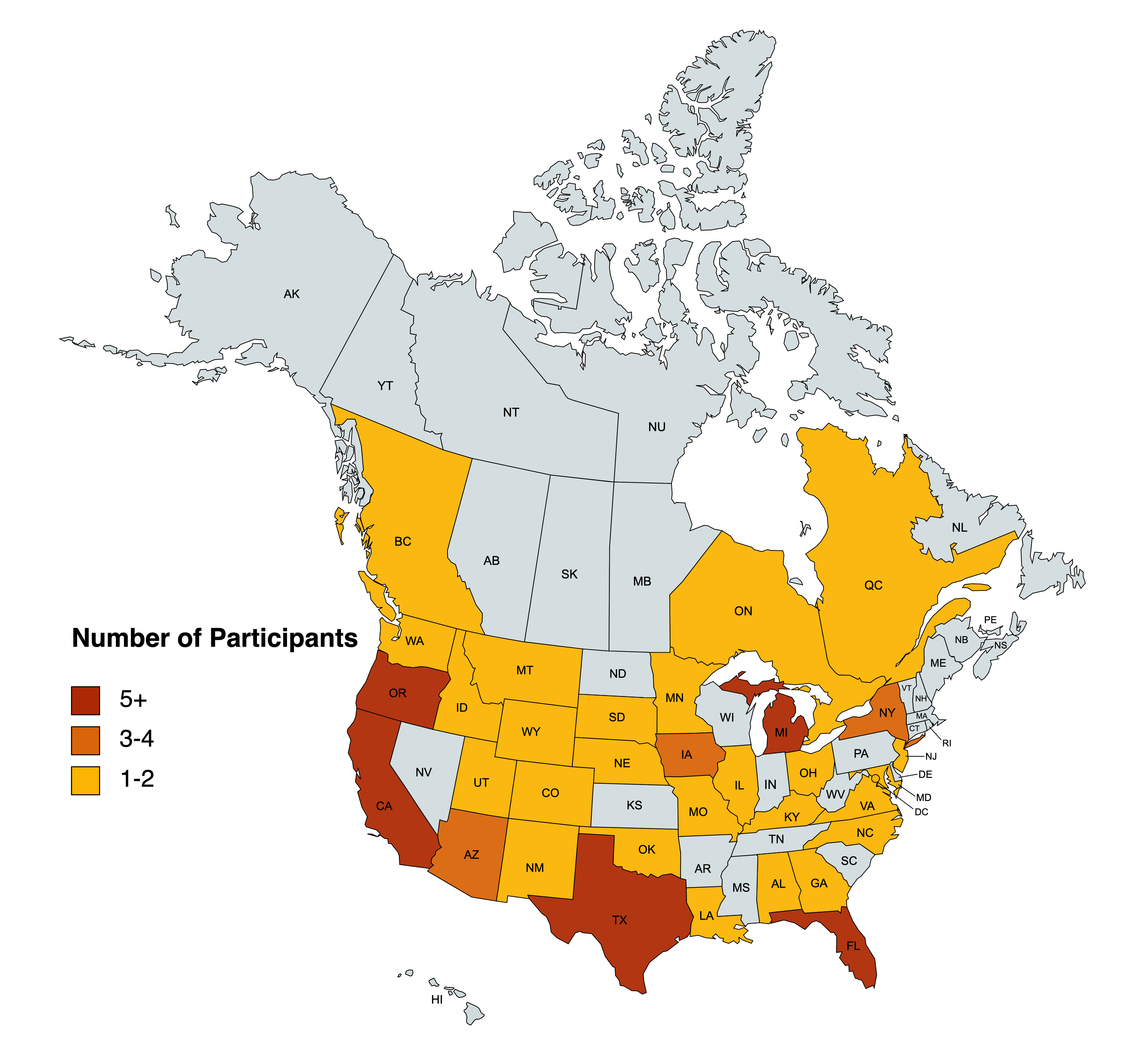 Map of US and Canada showing states and provinces with faculty workshop attendees.