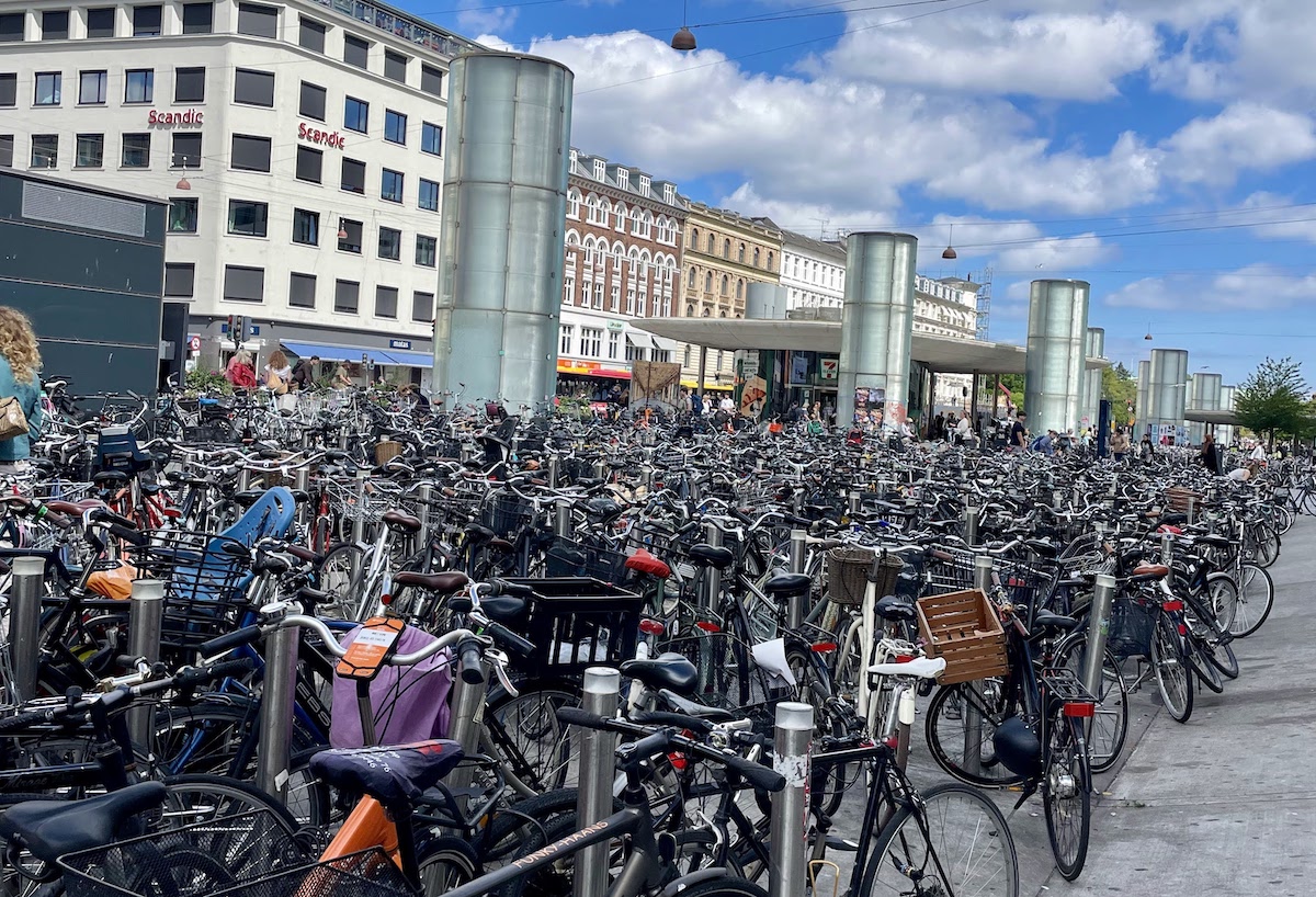 A sea of bikes parked on a lot of racks