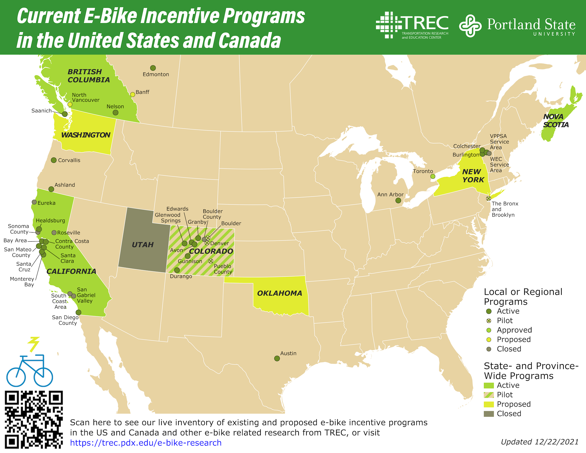 A map of North America displays different localities and phases in which e-bike incentive programs are being implemented. See the google doc tracker for more information.