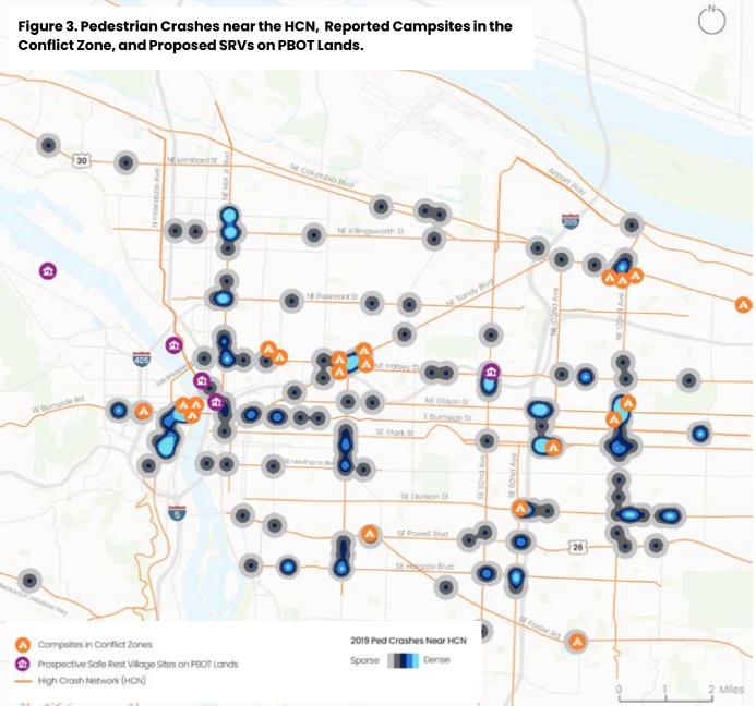 This figure shows pedestrian crashes near the study's high crash network, reported campsites in the conflict zone, and proposed safe rest villages of PBOT land.