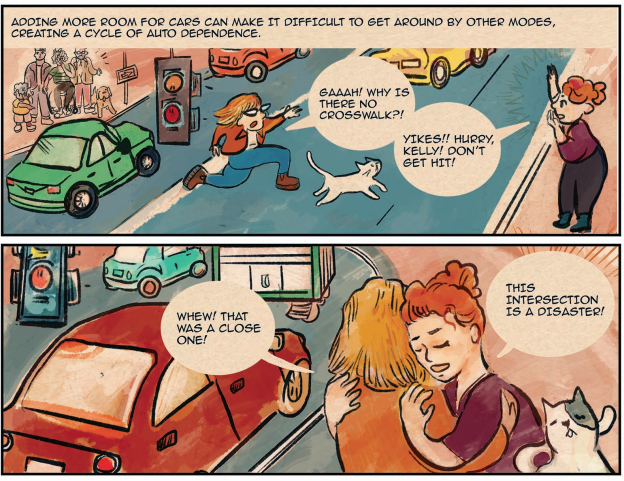 Two frames from a comic. The top frame shows a woman crossing the street at a dangerous spot. Her dialogue bubble reads, "Gaah! Why is there no crosswalk?" Waiting for her on the sidewalk is another woman saying "Yikes! Hurry, Kelly! Don't get hit!" The t