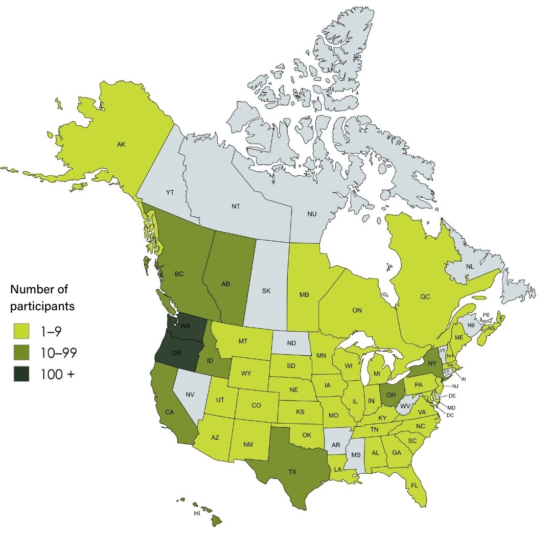 Map with states and provinces highlighted where participants have come from