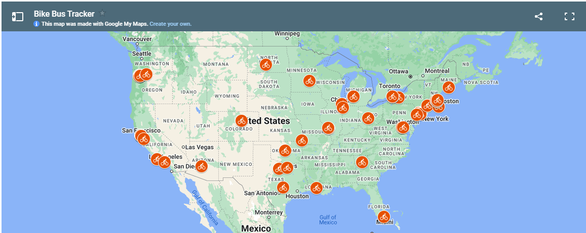 A map showing Bike Buses Around the United States