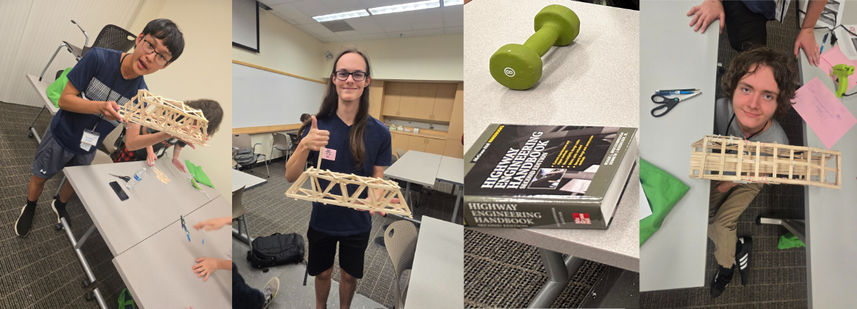 Weights were added to students' bridges to test their capacity in the bridge-building challenge