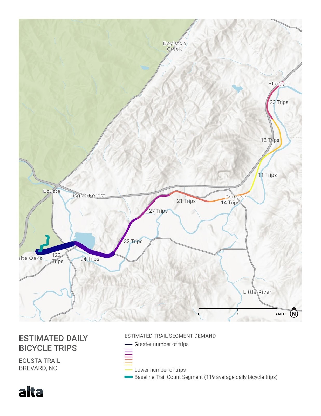 Map showing estimated daily bicycle trips