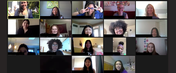 Screenshot from a Zoom session of the 2020 summer camp, showing the faces of participating students in a grid layout.