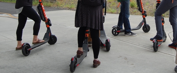 Orange e-scooters on the road in Portland, Oregon 