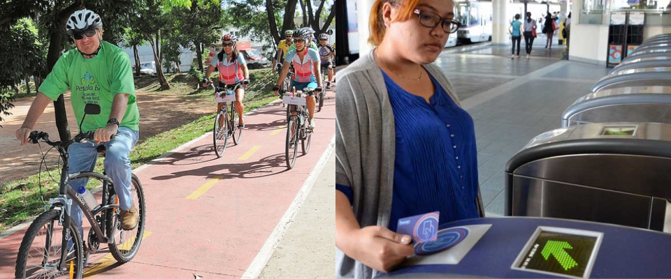 Left: Bicycles on a trail; Right: Young woman buying transit pass
