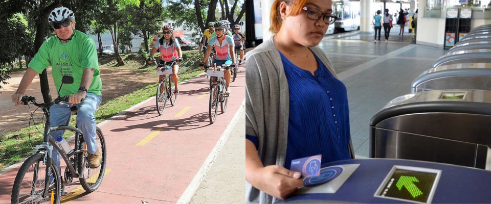 Left: Bicycles on a trail; Right: Young woman buying transit pass