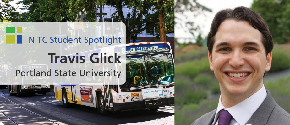 Travis Glick of Portland State University. Man with dark hair in light gray suit smiles broadly.