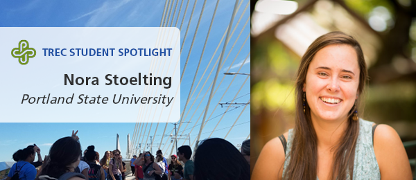 Text reads: TREC student spotlight, Nora Stoelting. Image is of Nora (right) with an aquamarine sleeveless shirt, and a photo (left) of summer camp students touring a bridge.