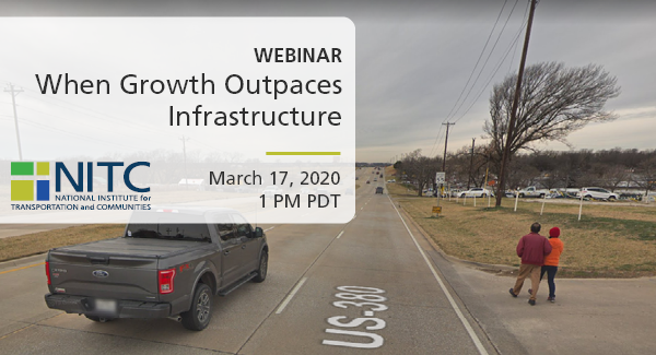 People walking with no sidewalk. Text: Webinar - When Growth Outpaces Infrastructure