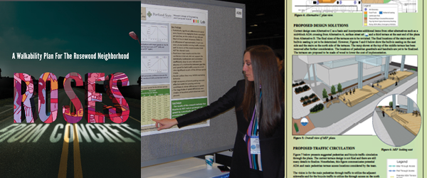Preview showing piece of "roses from concrete" cover, piece of montgomery poster, and a picture of Jaclyn Schaefer presenting her research poster at a conference.