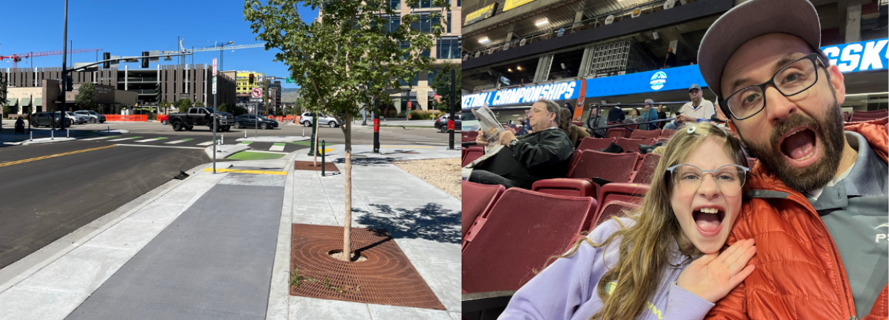 Left: Bike lane in Boise. Right: Nick Foster and his daughter watching the PSU’s women’s basketball team play in the Big Sky basketball tournament, in Boise.