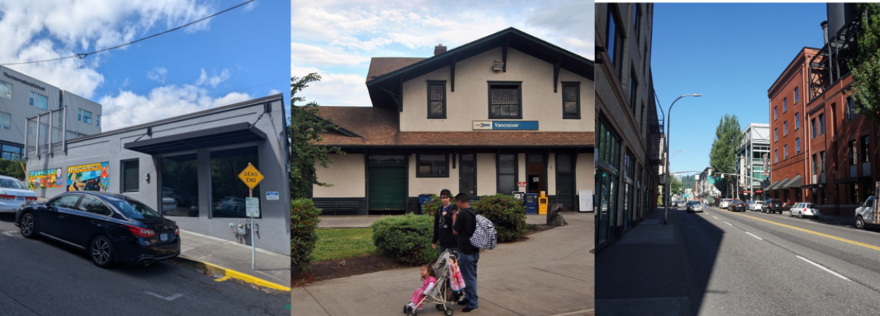 Three photos: West Burnside Street, the Vancouver Amtrak Station, and the International School of Portland