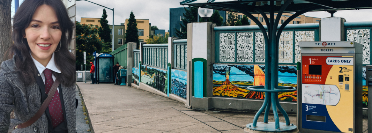 Left: Katherine Keeling Headshot. Right: Daniel Duford Painting at the NE 60th Ave MAX Station.