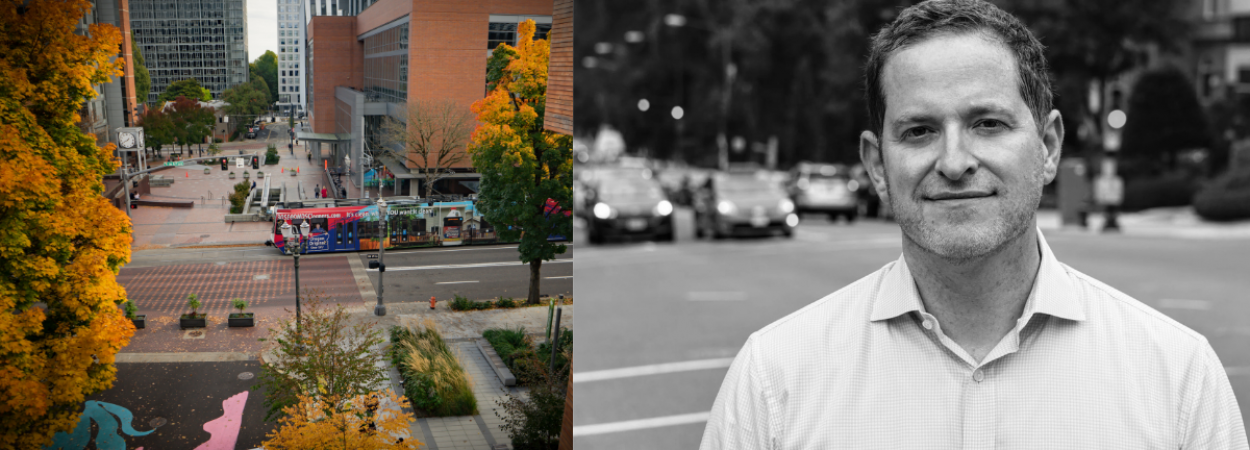 Photo of the PSU campus and a headshot of David Zipper