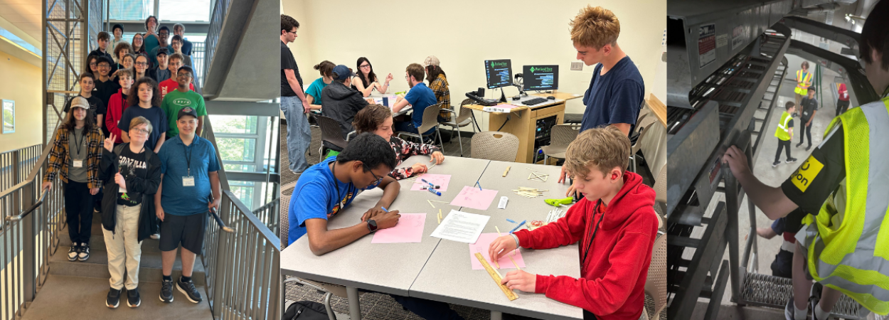 Students in the summer camp in the classroom, in the field, and posing for a group photo in the engineering building