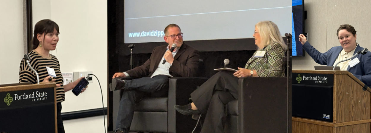 Two presenters speaking at podiums at the PacTrans conference. Keynote speaker David Zipper and TREC Director Jennifer Dill on stage during the keynote address.