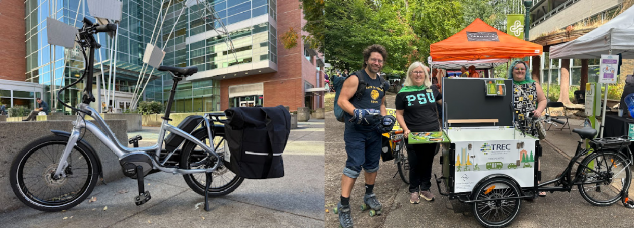 Left: One of the e-bikes available through the PSU Lending Library. Right: Ryan Hashagen, Jennifer Dill, Lacey Friedly, and the TREC-Cycle at Sunday Parkways