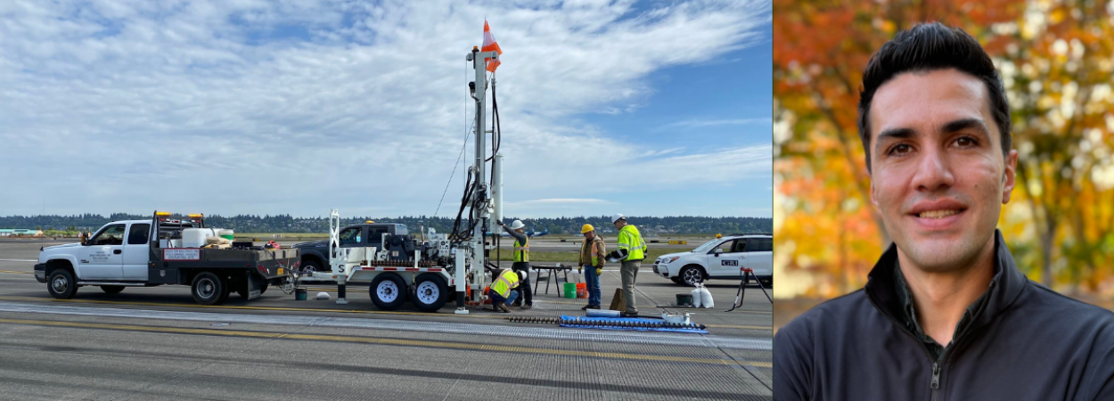 Left: Team working on Port of Portland, South Runway Seismic Mitigation. Right: Headshot of Milad Souri.