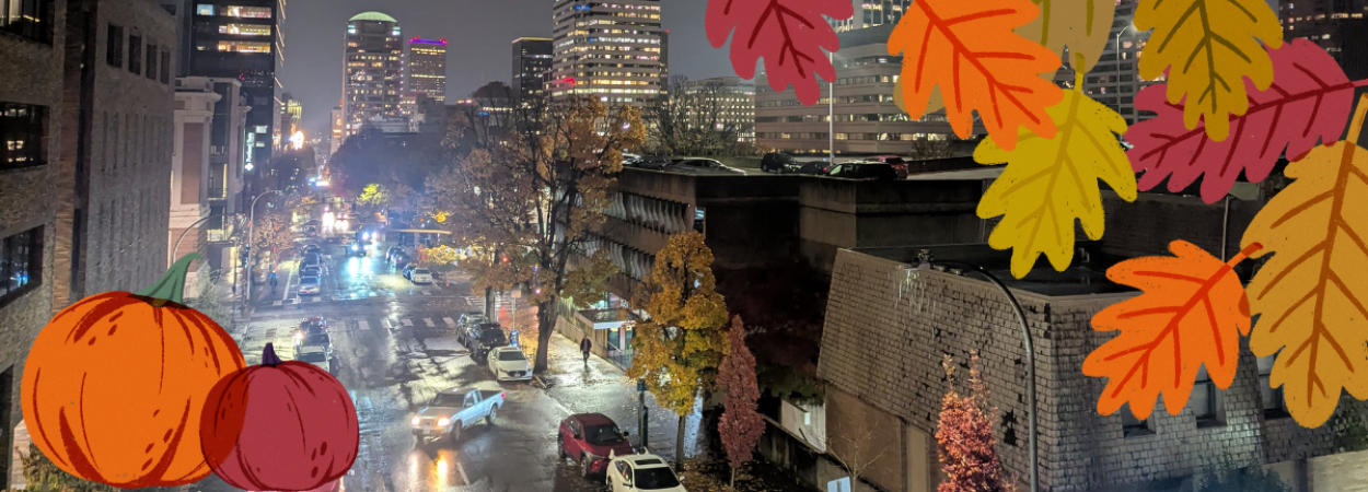 PSU campus at night, with overlaying graphics of orange pumpkins and fall leaves
