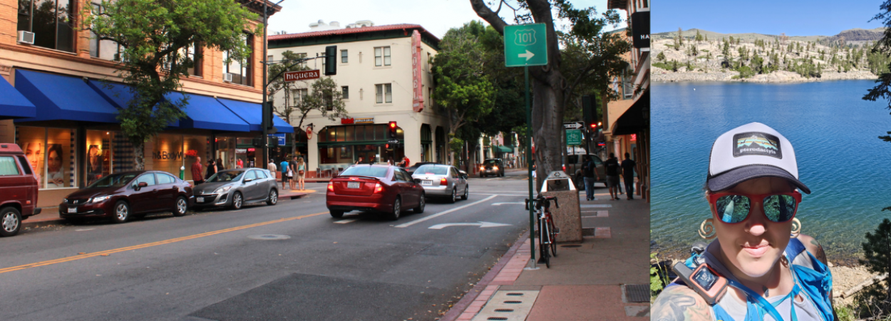 A San Luis Obispo street and a photo of Tara Goddard
