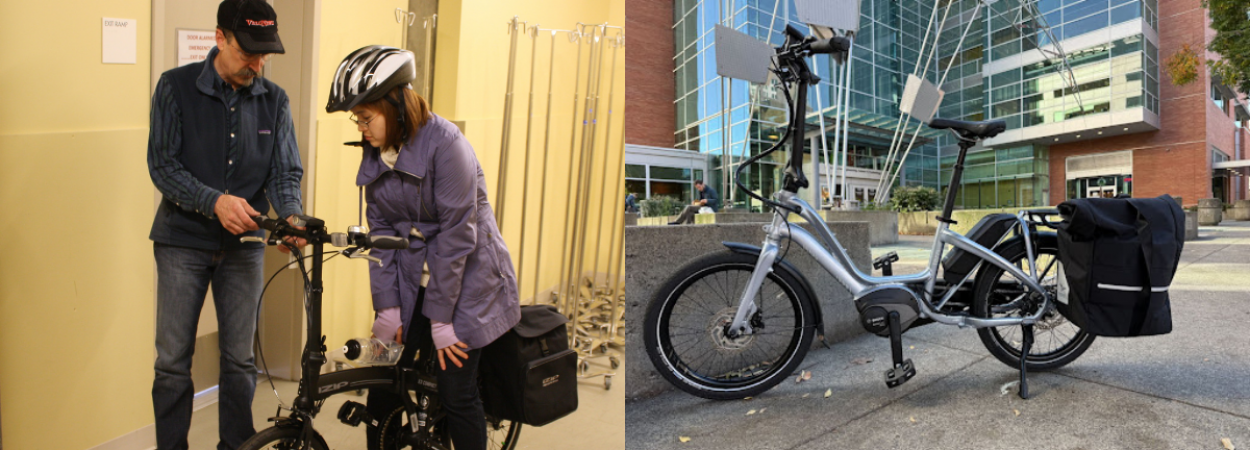 A woman on an ebike with a man standing nearby; another ebike on the psu campus