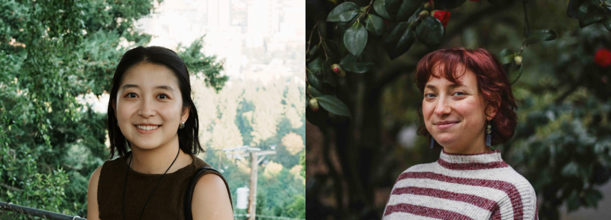 Jiahui Ma smiles at the camera in front of a tree. She has dark hair and is wearing a brown shirt.  Lydia Ivanovic smiles at the camera. She has dark red hair and is wearing a maroon and beige striped sweater. 