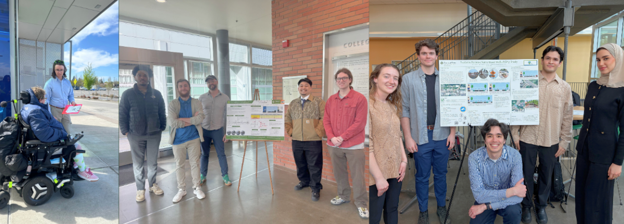 Left to right: MURP student working with C-TRAN to improve bus stop ADA accessibility speaks with a motorized wheelchair user at a bus stop; the Kernside Traffic Control Plan team gathers by a poster of their project; the Tualatin Boones Ferry Walkability team also gathers around their project poster. 