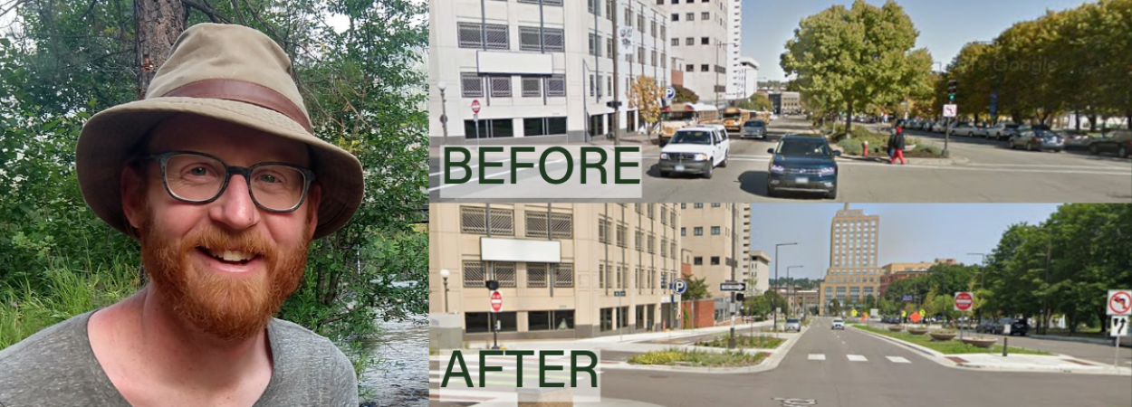 Kirk Paulsen, now a Senior Engineer at Parametrix, previously worked as a Transportation Engineer at Alta Planning + Design where he contributed to a Kellogg boulevard redesign which is shown above. The before image features a boulevard with a parking lane and two driving lanes in each direction separated by a green median. The after image reveals the changes: a bi-directional bike path protected by a nature strip and two lanes of traffic in each direction separated by another green median, with bump outs i
