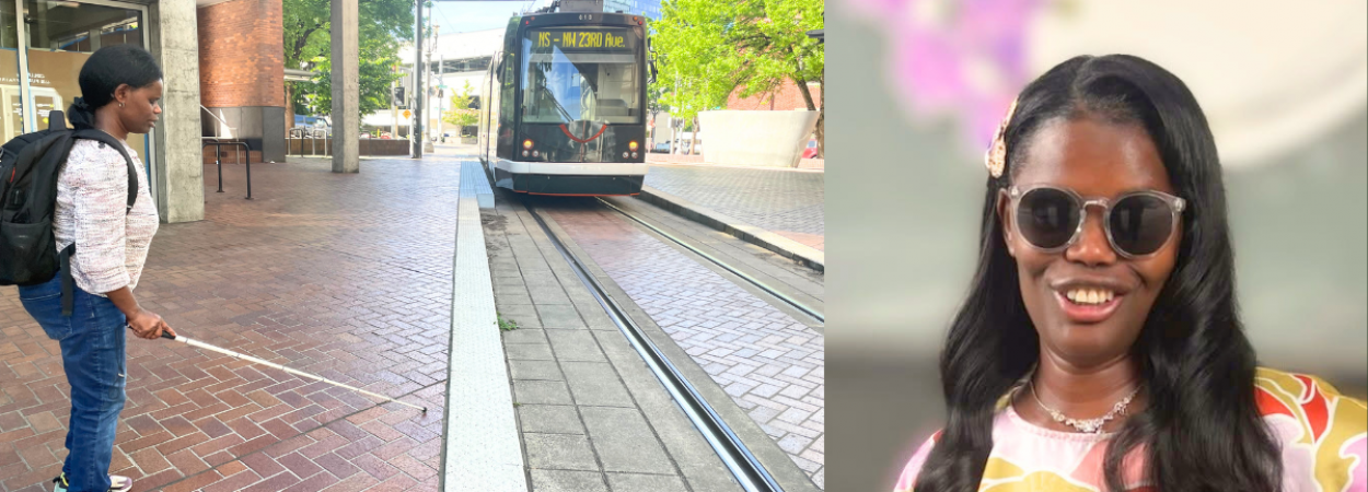 Abby Griffith, longtime transportation accessibility advocate, waits for the approaching streetcar behind the truncated dome tactile markers at the stop. 