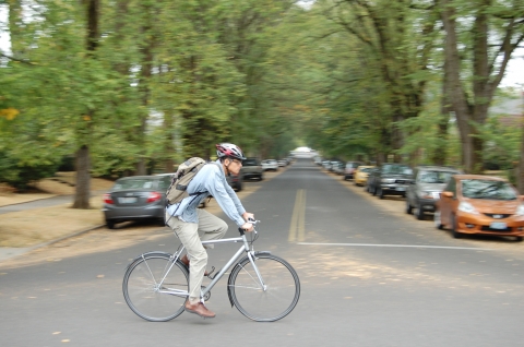 A cyclist travels on a Portland, Ore., bicycle boulevard. An OTREC study is the first to examine cyclists' preference for bike boulevards and the first large-scale study to use GPS units to record cyclists' preference for various facilities and characteristics.