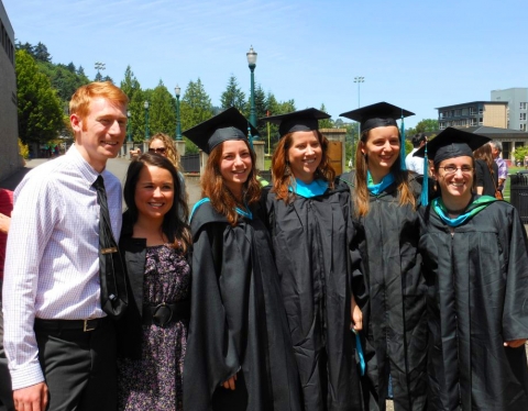 From left: Michael Ahillen, Sara Morrissey, Sarah Bronstein, Ellen Dorsey, Danielle Fuchs, and Chloe Ritter on their graduation day.