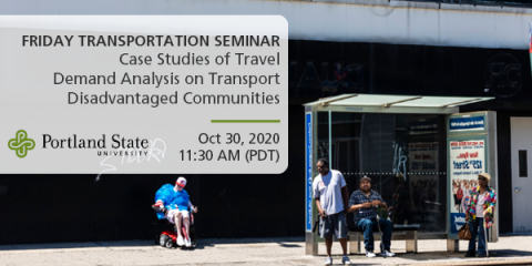 Image: Bus stop on a street with people waiting in Harlem, Manhattan, New York City, USA. Text reads: Friday Transportation Seminar Case Studies of Travel Demand Analysis on Transport Disadvantaged Communities