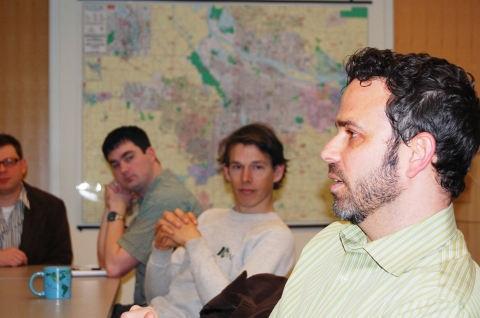 Gabe Klein, right, talks with the Students in Transportation Engineering and Planning group at Portland State University during an April visit. Klein, named head of the Chicago Transportation Department, toured OTREC campuses in April.