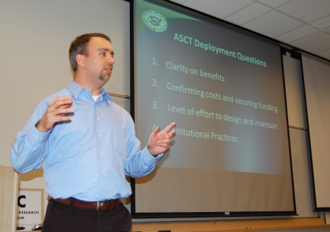 James Coylar, an Intelligent Transportation Systems specialist for the Federal Highway Administration, speaks at a regional summit on adaptive signal systems Dec. 1 at Portland State University.