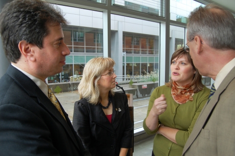 USDOT RITA Administrator Peter Appel, OTREC Director Jennifer Dill, Oregon Modeling Collaborative Director Kelly Clifton and PSU President Wim Wiewel talk at the Oregon Modeling Collaborative launch.
