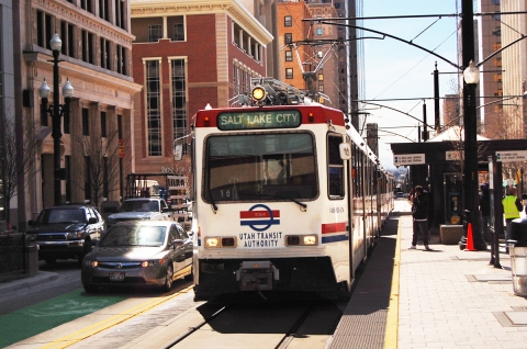 Salt Lake City's downtown features green-painted shared bike lines and light-rail TRAX lines. OTREC staff toured the city and University of Utah as one of three university visits to kick of the National Institute for Transportation and Communities program.
