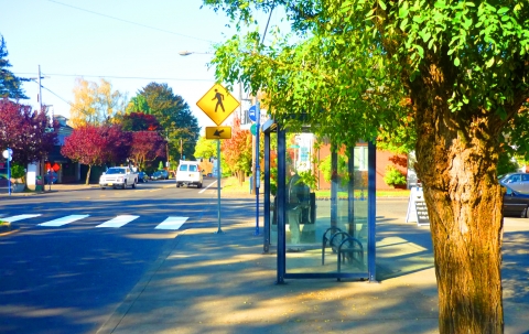 This TriMet stop in Southeast Portland, Ore. offers a comfortable pedestrian environment.