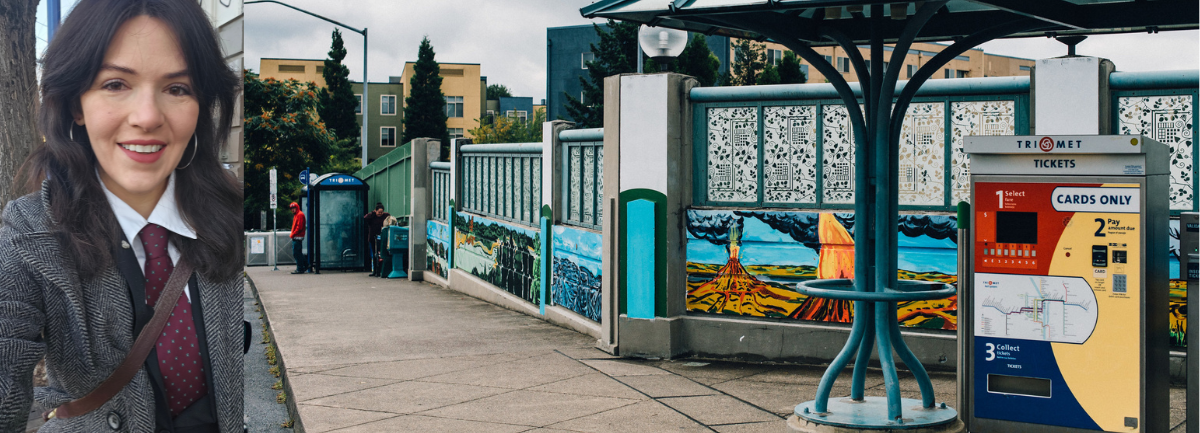 Left: Katherine Keeling Headshot. Right: Daniel Duford Painting at the NE 60th Ave MAX Station.
