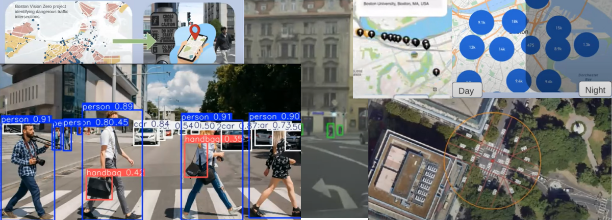 Screenshots showing transportation data programs and pedestrians walking.