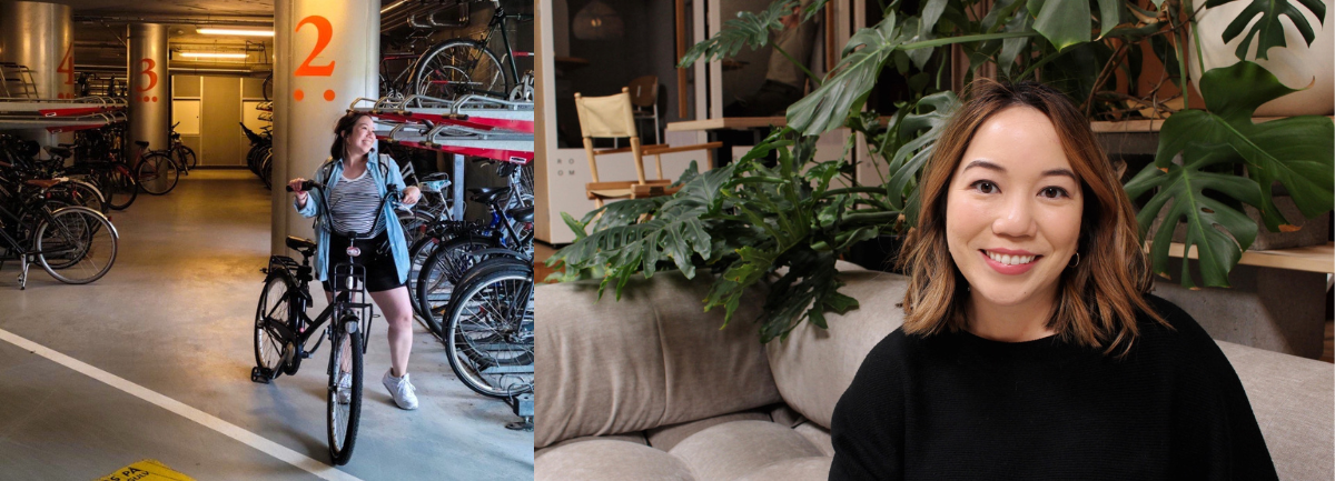 Left: Jamie on a bicycle in a bike garage. Right: Jamie Arnau headshot