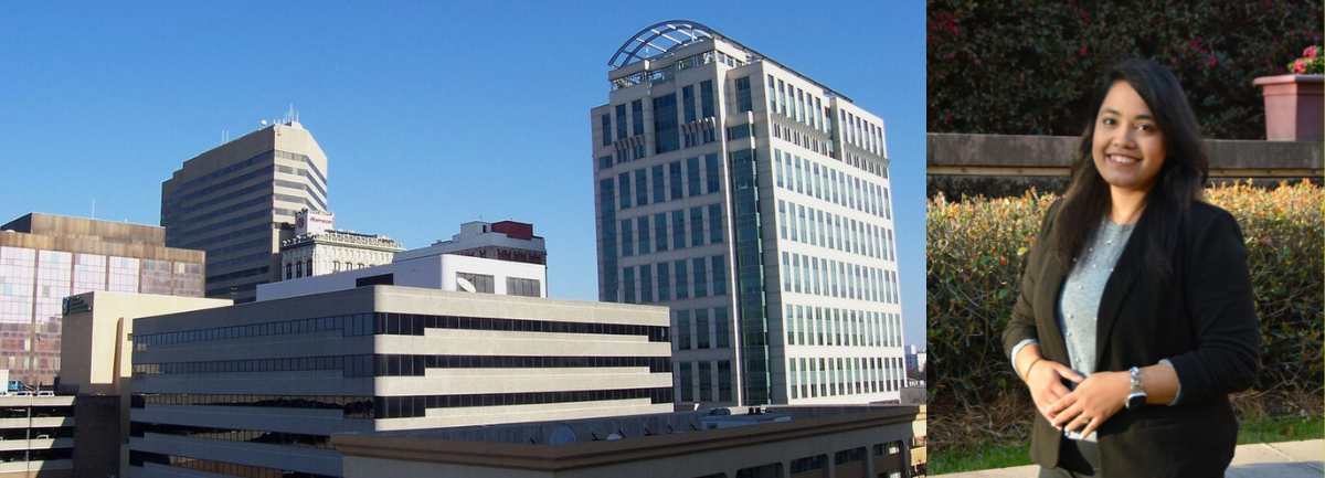 Downtown Columbia South Carolina, and headshot of Misty Afroza