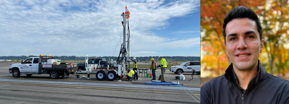 Left: Team working on Port of Portland, South Runway Seismic Mitigation. Right: Headshot of Milad Souri.